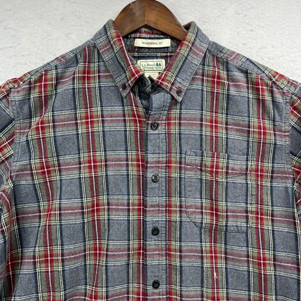 LL Bean Flannel Shirt Mens L Gray Red Scotch Plaid Traditional Outdoor Heritage
